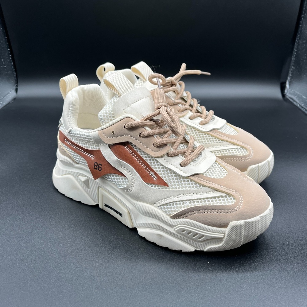 Unbranded Womens Beige Mesh Chunky Platform Sneaker Low Top Lace Up Size 38 EU
